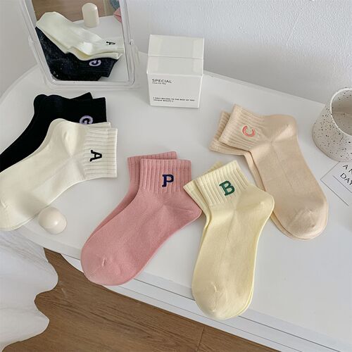 Spring and summer socks for women's socks sporty handmade boneless socks Solid color mesh embroidered letters for women's short socks