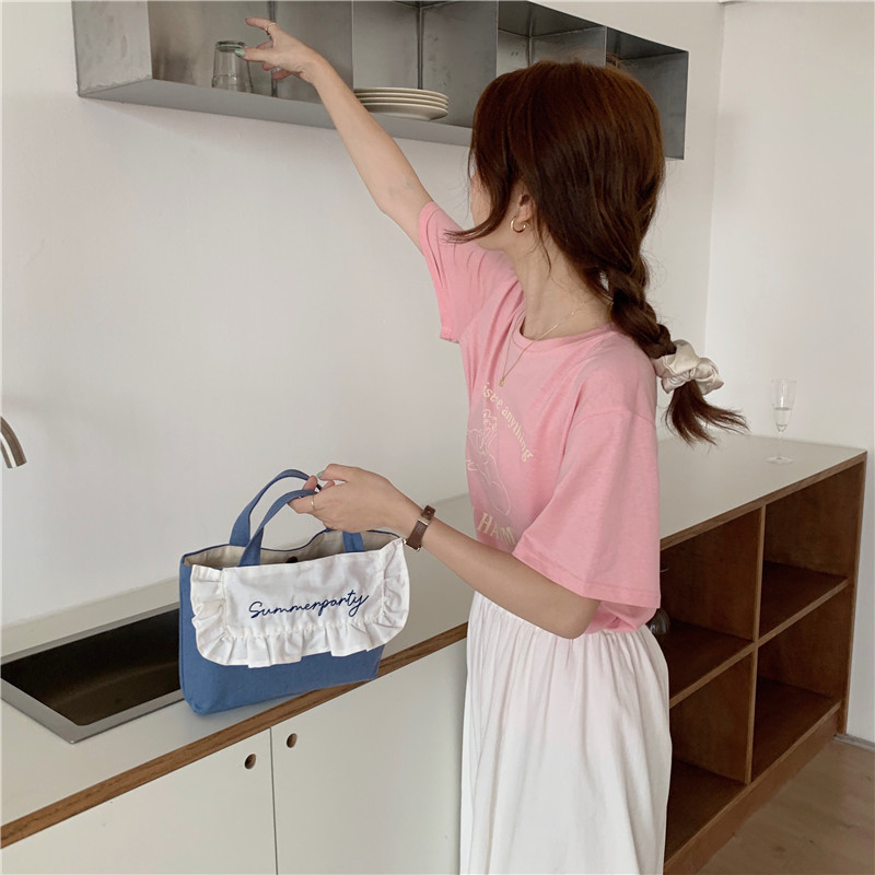 1441 Japanese and Korean chic Sweet ruffled bento Bag, Fresh embroidered hand-held small cloth bag, girl student bag wholesale undefined