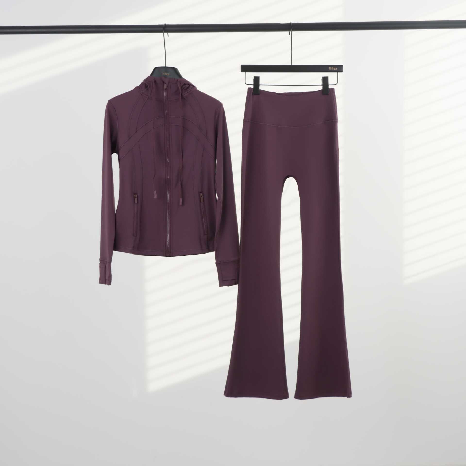 Women's Hooded Flared Jacket Set Long Sleeved Fitted Elastic Fitness Running Yoga Sportswear_ecoleips.com