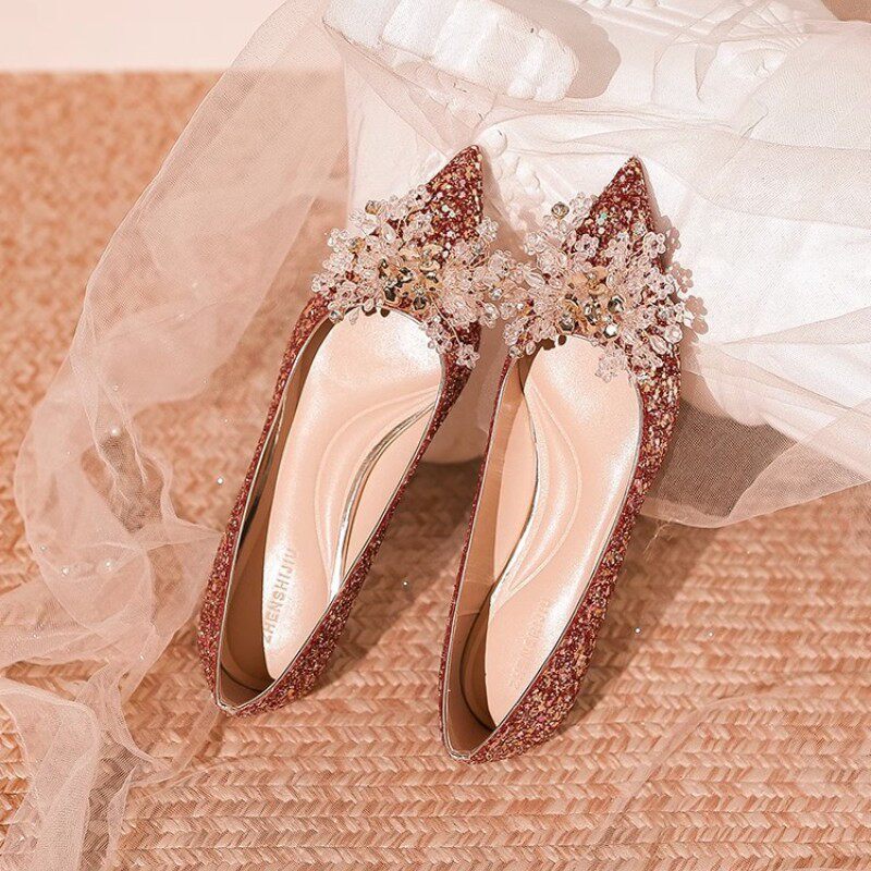 2025 New Sequin Niche Designer Shoes, Pearl-Decorated Bridal Wedding Flats, Low-Heeled Smooth Leather Shoes