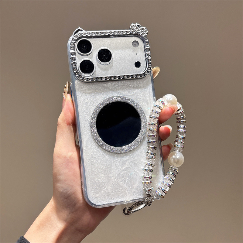 European and American style diamond-encrusted cat ear colorful glitter makeup mirror with pearl chain suitable for Apple 181716E1514PM phone case European and American style diamond-encrusted cat ear colorful glitter makeup mirror with pearl chain suitable for Apple 181716E1514PM phone case