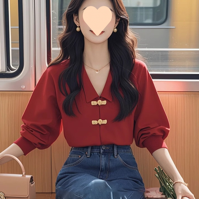 새로운 중국 스타일 국가 스타일 버클 레드 긴 소매 셔츠 프라이드 스트리트 슬림 가을 틈새 아름다운 독특한 탑