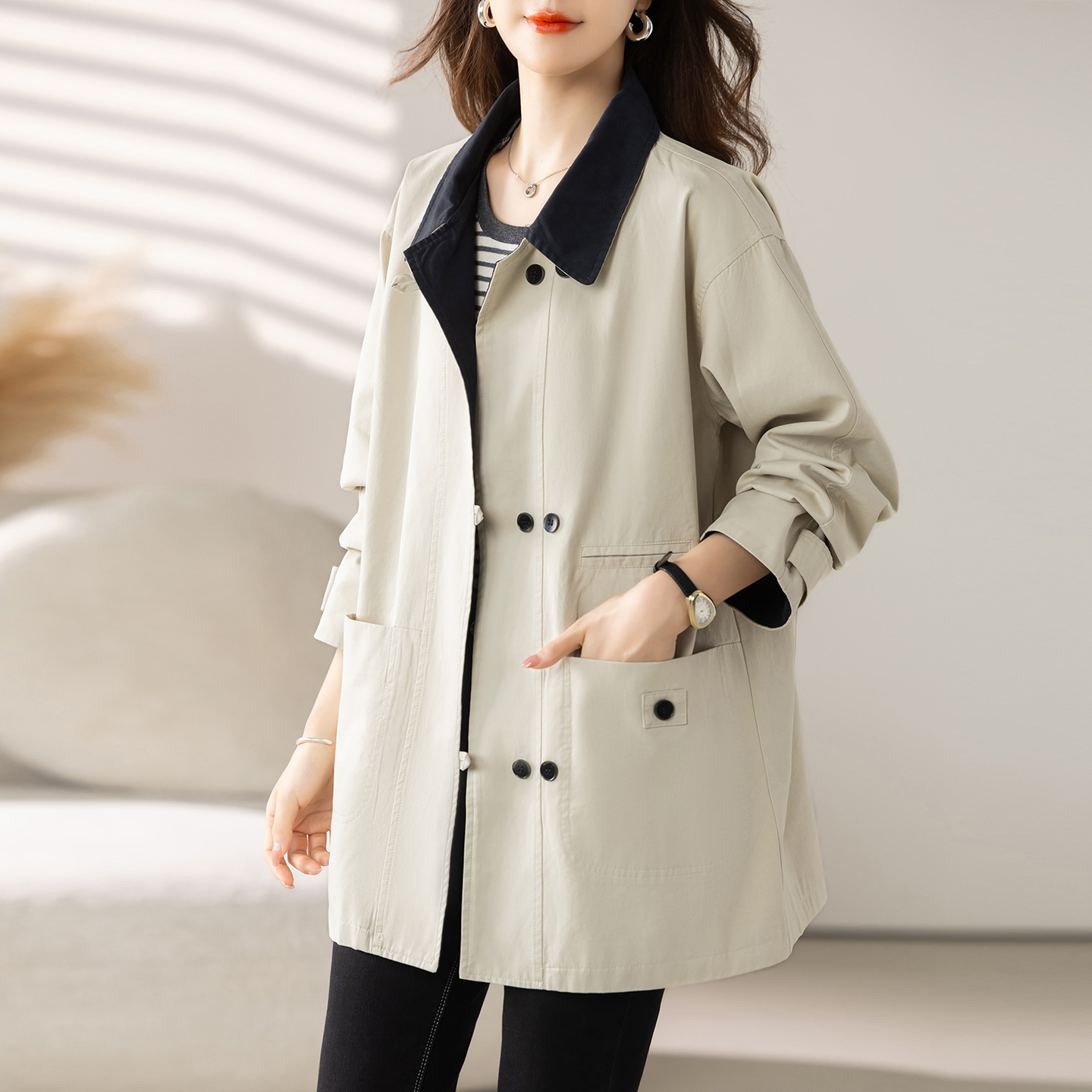 2025 New Autumn Style Loose Slimming Look Fashionable Casual Popular Stitching Lapel Contrast Color Windbreaker Women's Jacket Mz68883