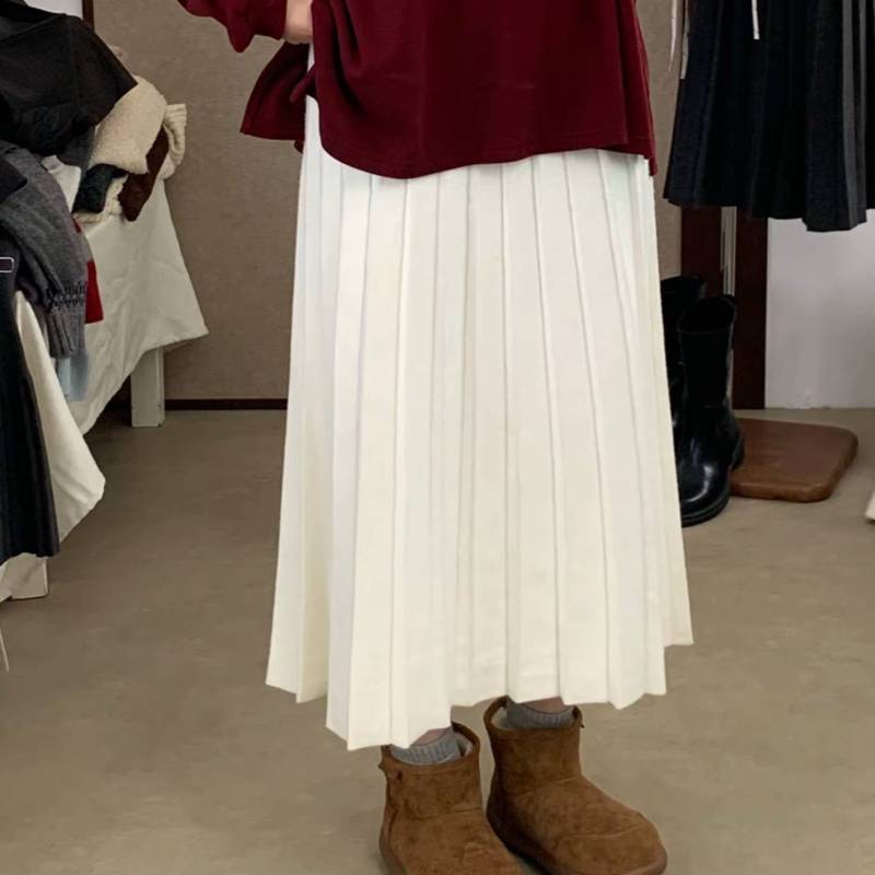 灰色中长款针织百褶裙女2025秋冬新款韩系百搭显瘦毛线半身裙子潮|undefined
