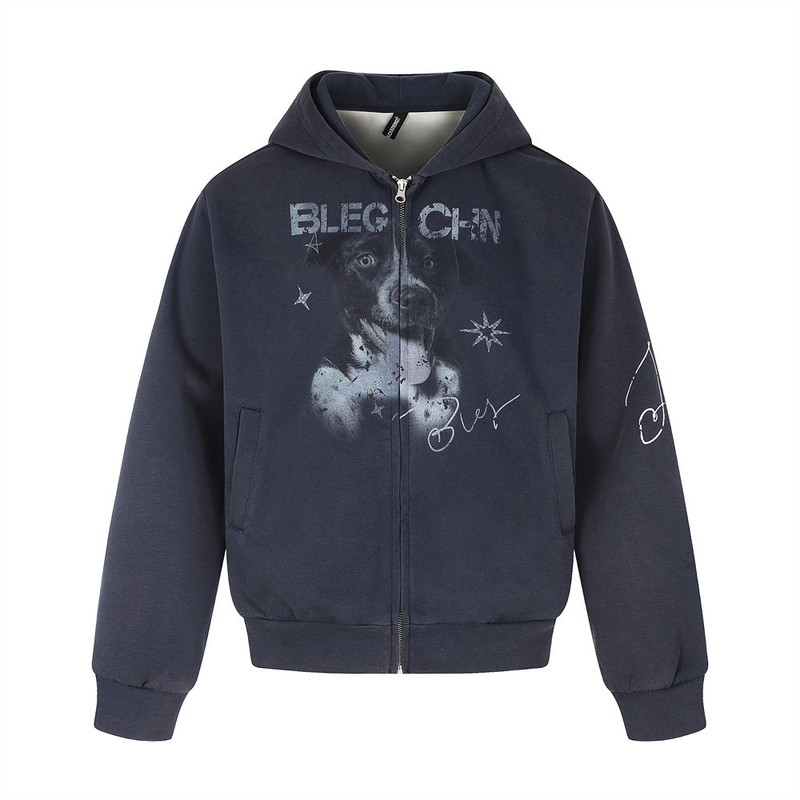 Spring and Autumn Jacket with Animal Print Hooded Cardigan Sweatshirt for Men, Fuzzy Dog Print Trendy Casual Loose High Street Sweatshirt