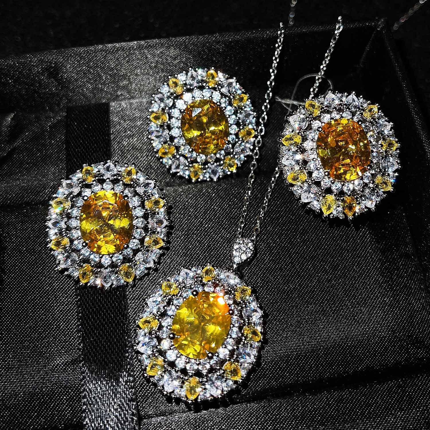 Haute Couture Jewelry Luxury Full Diamond Set Lucky Yellow Diamond Color Treasure Ring Earrings Necklace display picture 1