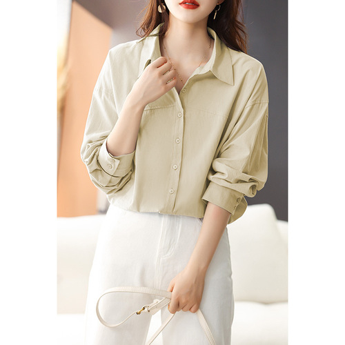 Women's Long-Sleeve Spring Loose Casual Medium-Length Blue Pure Cotton Shirt Blouse