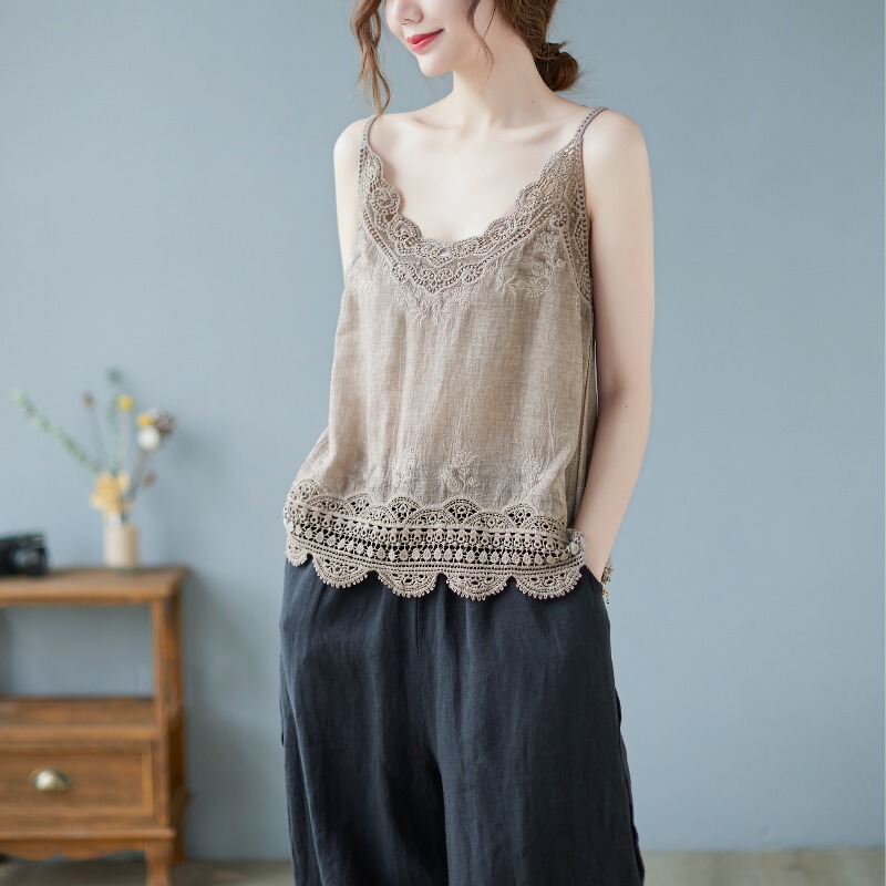 Cotton and Linen Camisole Women's 2022 Summer Loose Large Size Elegant Hollow Crochet Flower Casual Linen Top Cotton and Linen Camisole Women's 2022 Summer Loose Large Size Elegant Hollow Crochet Flower Casual Linen Top
