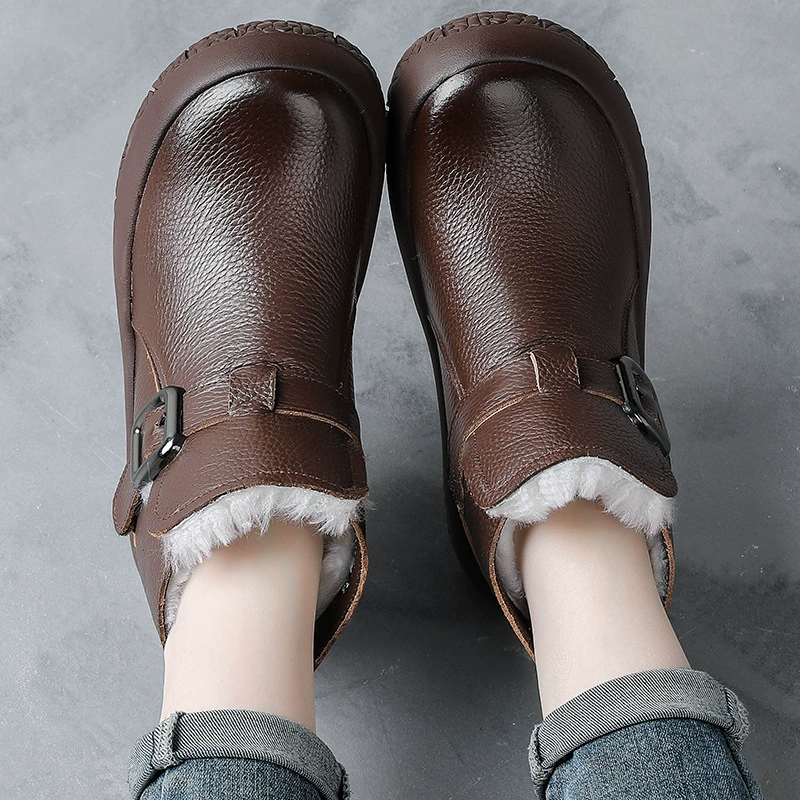 Все кожаные новые зимние короткие сапоги противоскользящие теплые шерстяные сапоги женские мафонные туфли с толстой подошвы мама обувь хлопчатобумажные сапоги