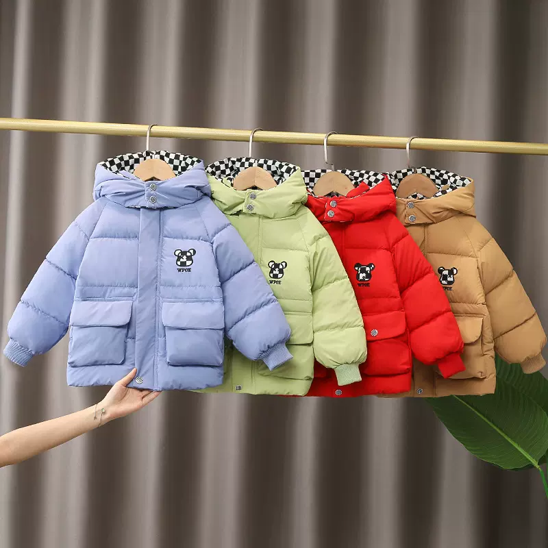 儿童冬款上新加绒加厚棉服羽绒服厂家批发男童女童卡通印花连帽款