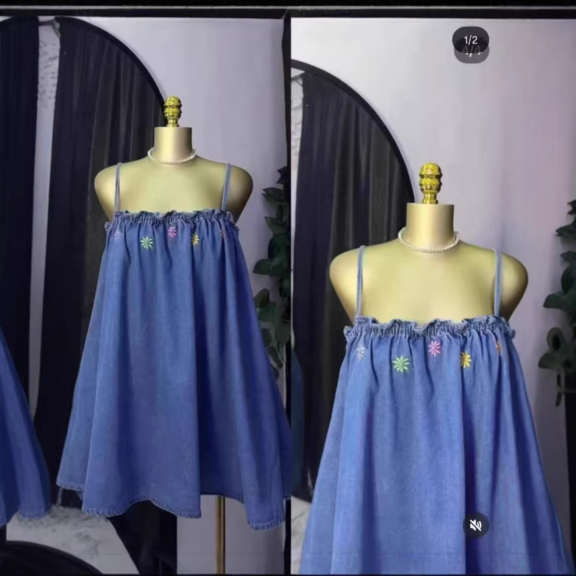 Women's Denim Suspender Dress New Style Floral Embroidery Loose A-Line Short Skirt_ecoleips.com