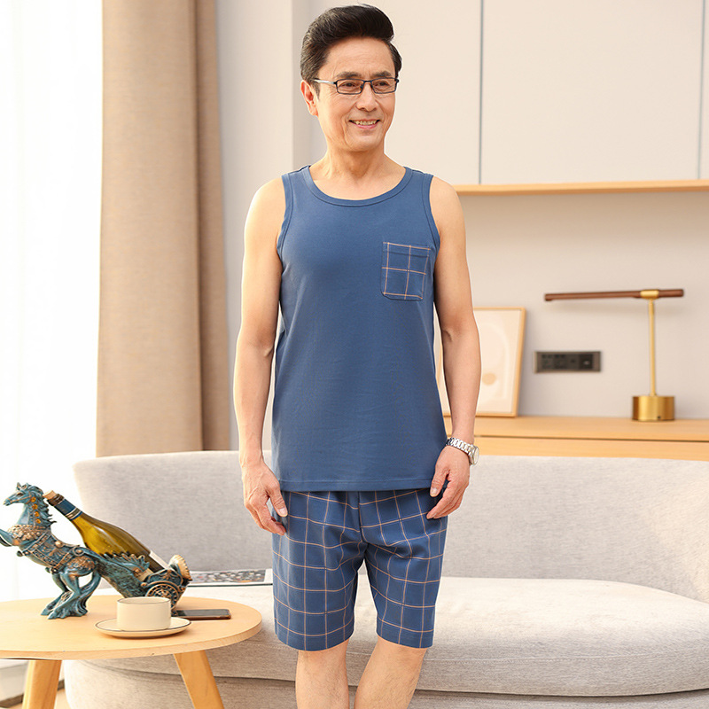 중년 및 노인 남성 잠옷 여름 면화 민소매 조끼 반바지 중년 아빠 여름 플러스 사이즈 가정 의류 세트