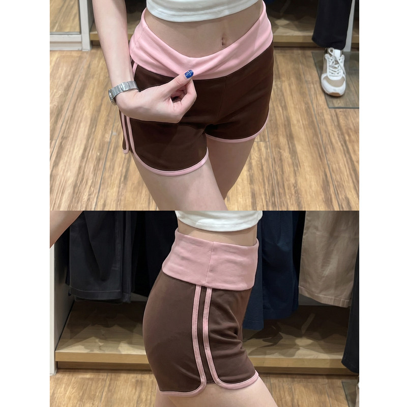 American-Style Pink Sports Shorts for Women, Summer Thin Slim-Fit Color-Blocked Waist Fitness Yoga Hip-Hugging Hot Pants