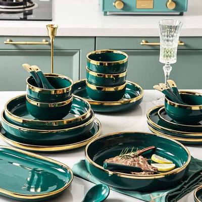 北欧风格金边祖母绿陶瓷饭碗家用2021新款餐具套装碗碟盘筷勺组合|ms