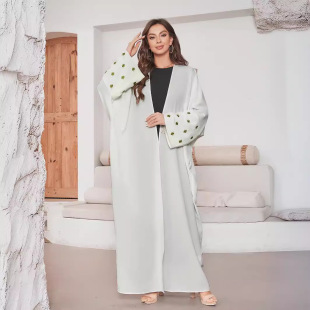 Middle East Muslim Embroidered Four-Leaf Clover Fashion Cardigan Dress Robe White Long Skirt Bat Sleeve Factory Spot
