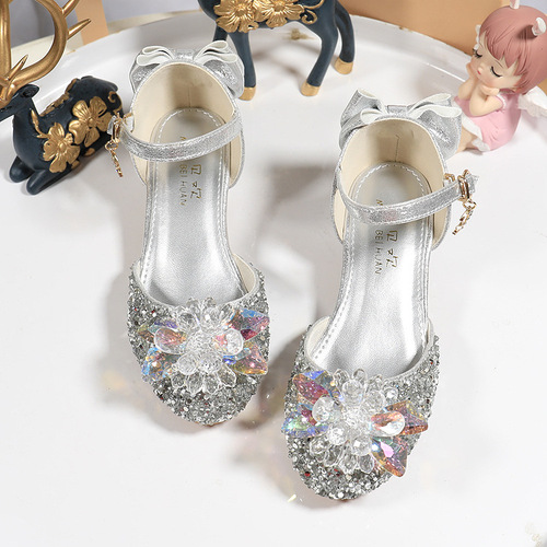 Children's Princess Shoes Dress Silver Performance Crystal Shoes Summer Kids High Heels Model Walk Show Outfit Shoes