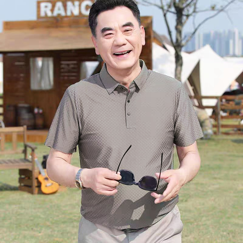 [Thin Ice Silk] Men's Dad's Summer Short-Sleeved T-Shirt Plaid Jacquard Middle-Aged and Elderly Polo Shirt 2025 New Style