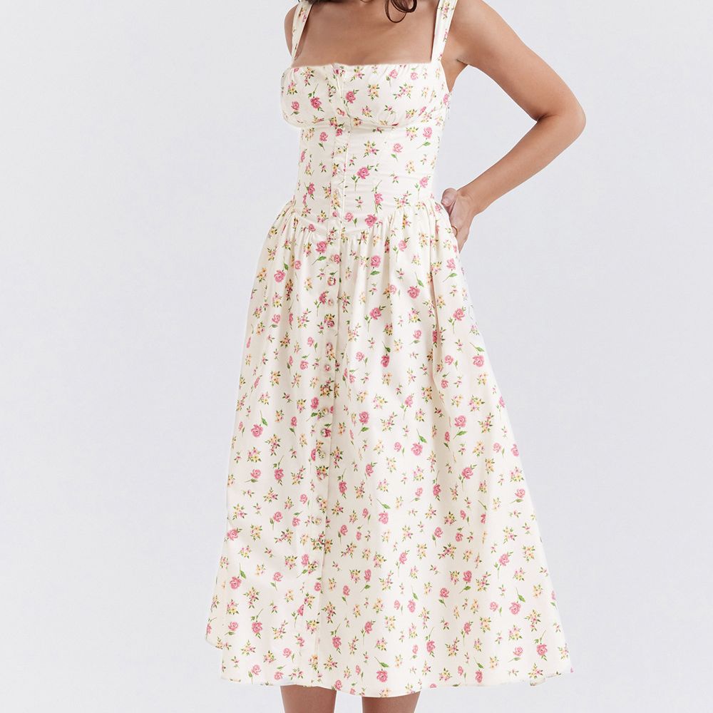 2023 Summer Camisole Dress With Front Buttons, Back Tie, Lace Trim Above The Bust, Elegant And Stylish_voghion.com