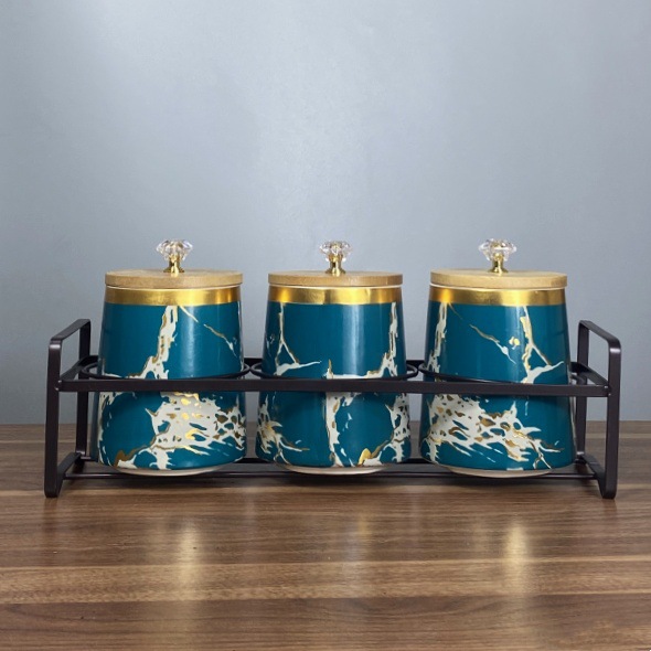 Tanque de condimento de cerámica, tanque de sellado de cocina nórdica, cubierta de madera, tanque de almacenamiento de granos domésticos, conjunto de tanques de almacenamiento de cerámica de lujo ligero