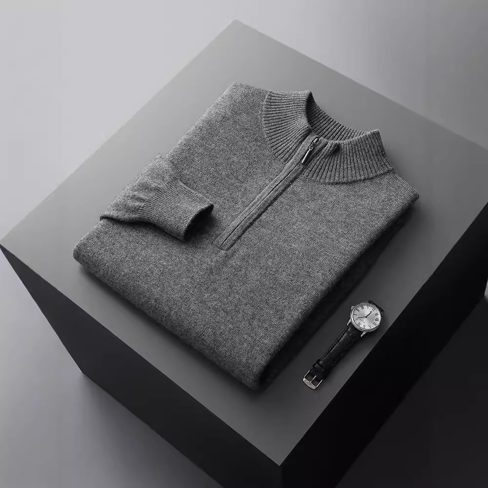 秋冬新款男士纯羊毛衫半开领拉链毛衣商务休闲打底针织打底衫上衣