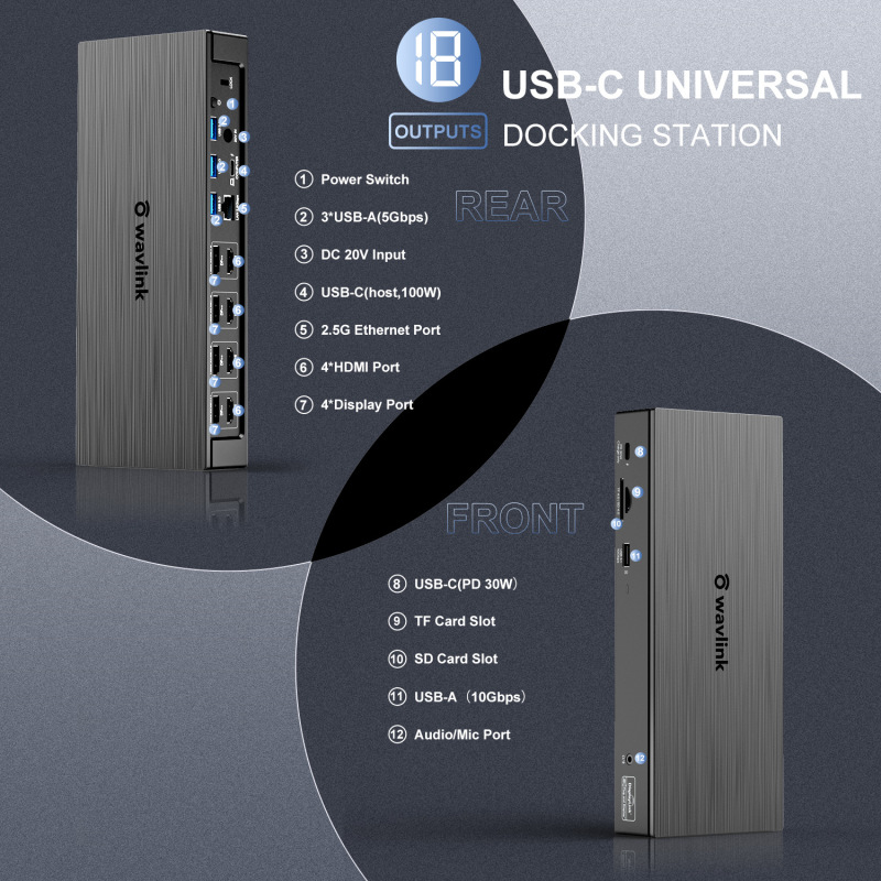 Wavlink 4Dp Displaylink Docking Station with 100W Pd 18-in-1 Laptop Docking Station
