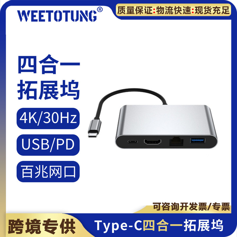 Cross-Border Typec Four-In-One Expansion Dock to 100m Network Port Hd 4K Splitter Hd Extender Computer Pd100