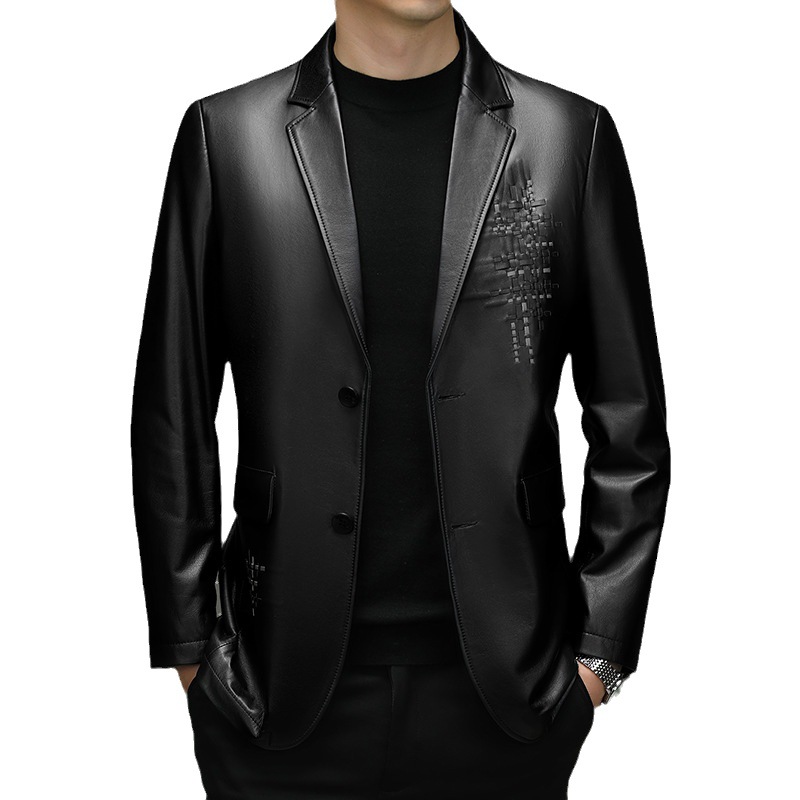 Haining Genuine Leather Jacket Men's Top Layer Cowhide Fashion Casual Middle-aged Suit Collar Spring And Autumn Jacket Men's Tops - 5