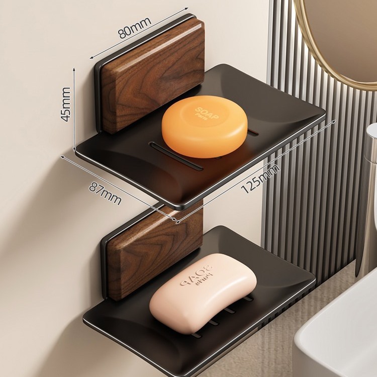Estante de jabón de madera de nogal Estante de jabón de pared sin perforaciones Estante de jabón de baño Estante de drenaje Estante de almacenamiento de mesa de lavado de manos