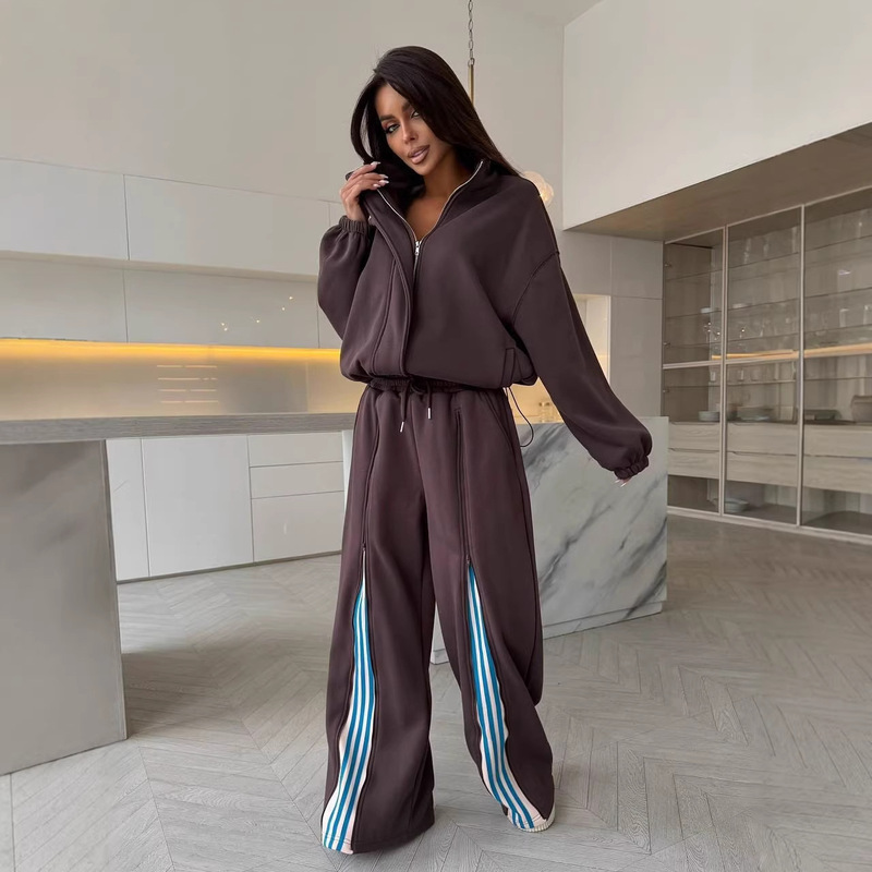 European and American Cross-Border 2026 Spring and Autumn Casual Suit for Women, High-End Drawstring Color-Block Sweatshirt and Straight-Leg Pants Two-Piece Set