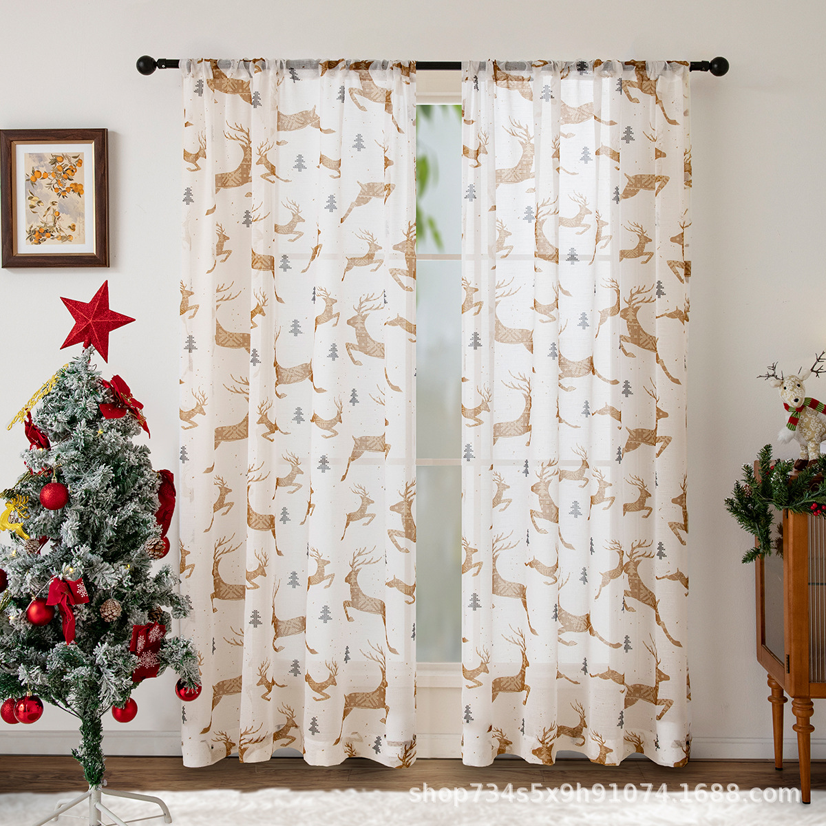 Exclusividad transfronteriza para Amazon Christmas Golden Deer Malla de ventana Impresión de cortina Malla de ventana Sala de estar Dormitorio Malla de ventana Pasa