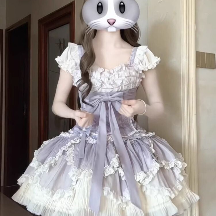 Purple Cute Girly Cake Dress with Floral Design, Elegant Ballet Style, Fairy-Like Princess Dress, Trendy Purple Cute Girly Cake Dress with Floral Design, Elegant Ballet Style, Fairy-Like Princess Dress, Trendy