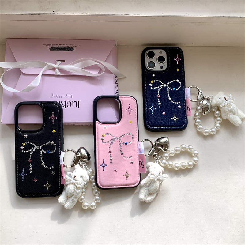 Sweet and Cool Y2K Denim Flash Diamond Bow Suitable for Iphone16 Apple 15Promax/14 Mobile Phone Case 13 New Style