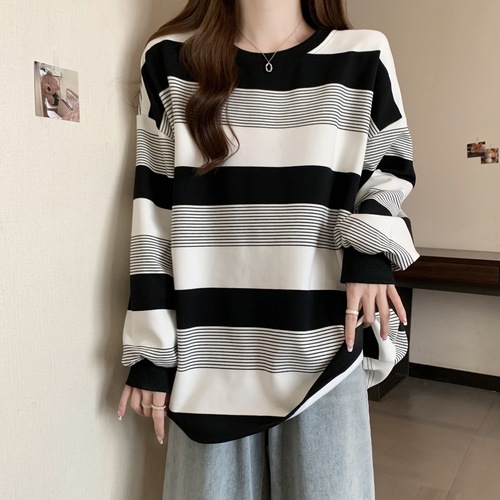 New Autumn Slimming Fat Mm Stomach Covering Loose Student Top American Retro Striped Thin Sweatshirt Women's Style