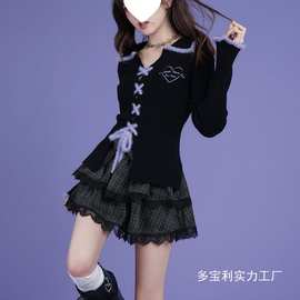 春秋黑紫甜酷修身针织衫开衫显瘦纯欲美拉德格纹短裙套装