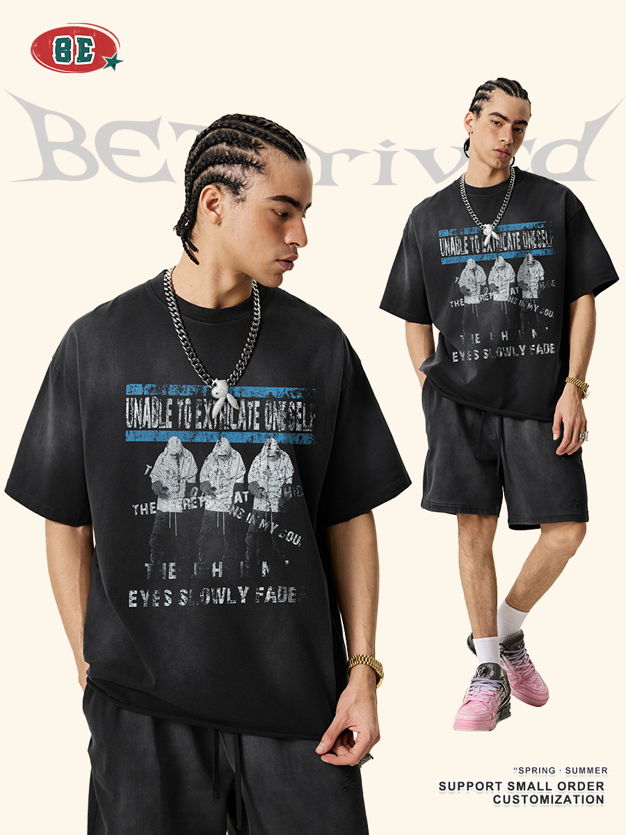 Be Hombres| 2025 verano americano marca de moda retro hacer viejos lesbianas vta rizado suelto camiseta de manga corta hombre