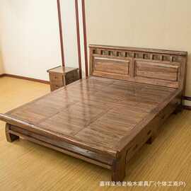 老榆木复古家用卧室双人床中古风民宿大床带床头储物柜家居实木床