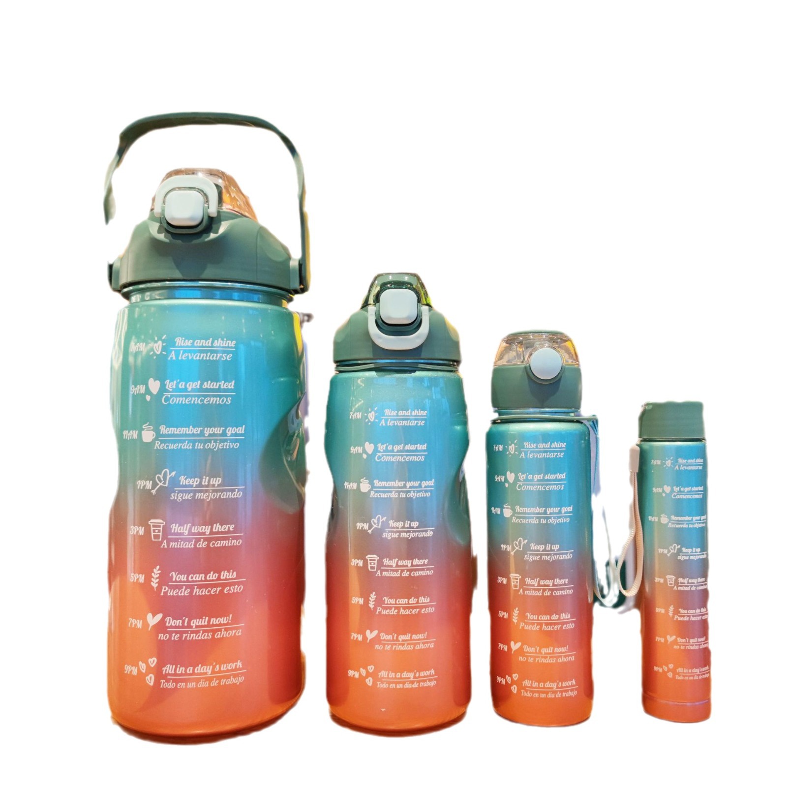 Resalte gradiente de color plástico paja taza de agua de cuatro piezas conjunto de gran capacidad de fitness deportes hervidor de agua mango portátil botella de agua