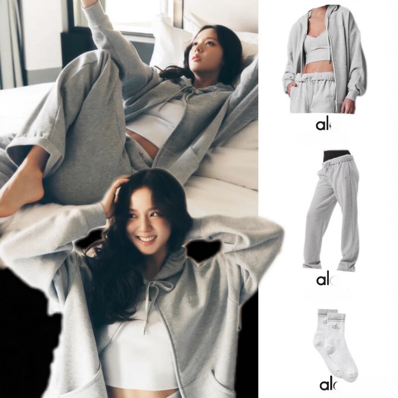 Jisoo Kim Ji Soo's Same Style Alo Suit Winter Velvet Sweatshirt Loose Zipper Jacket Casual Sweatpants Two-Piece Set