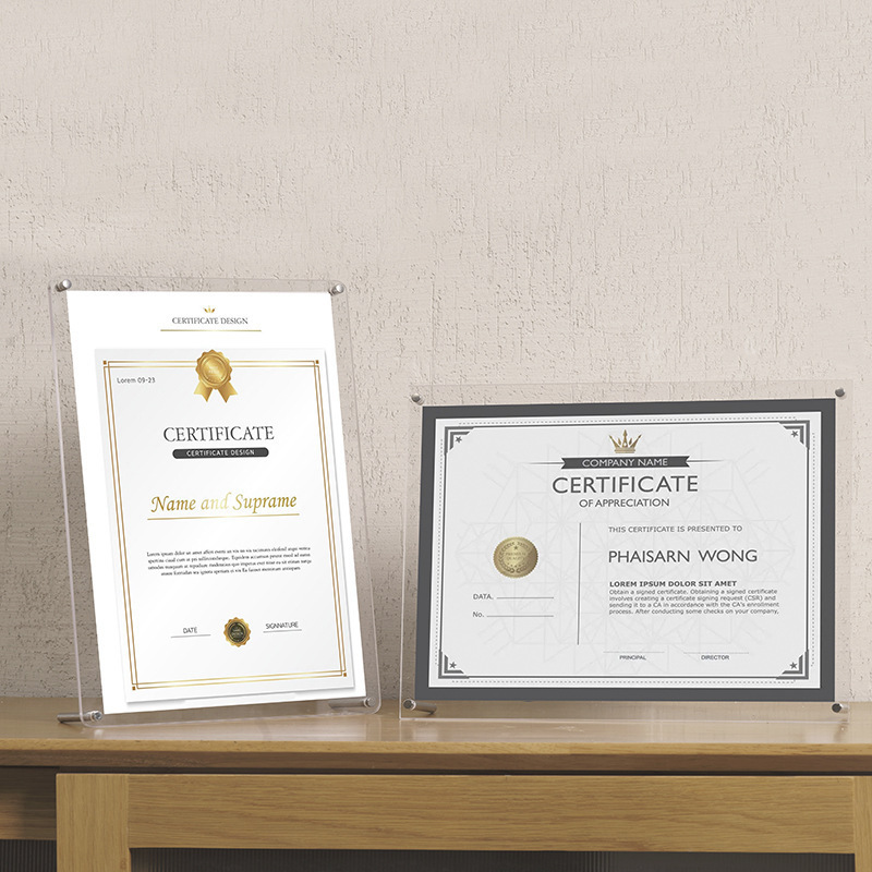 Factory direct supply certificate photo frame setting table acrylic transparent crystal frame wall A3 business license frame certificate frame