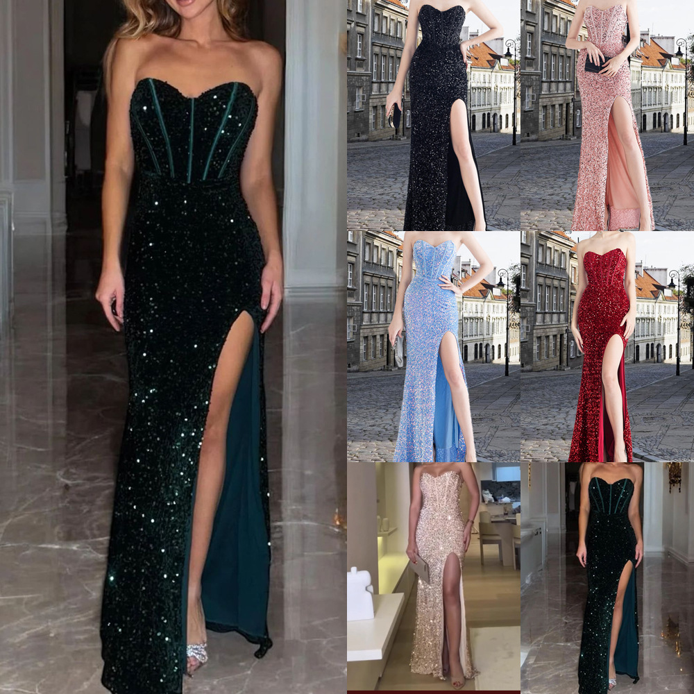 2025 ropa de primavera comercio exterior transfronterizo nuevos productos fantasía de cuentas de color detrás de la corda atada tipo sostén de horquilla lateral con el pecho vestido de noche de hueso de pez image 1