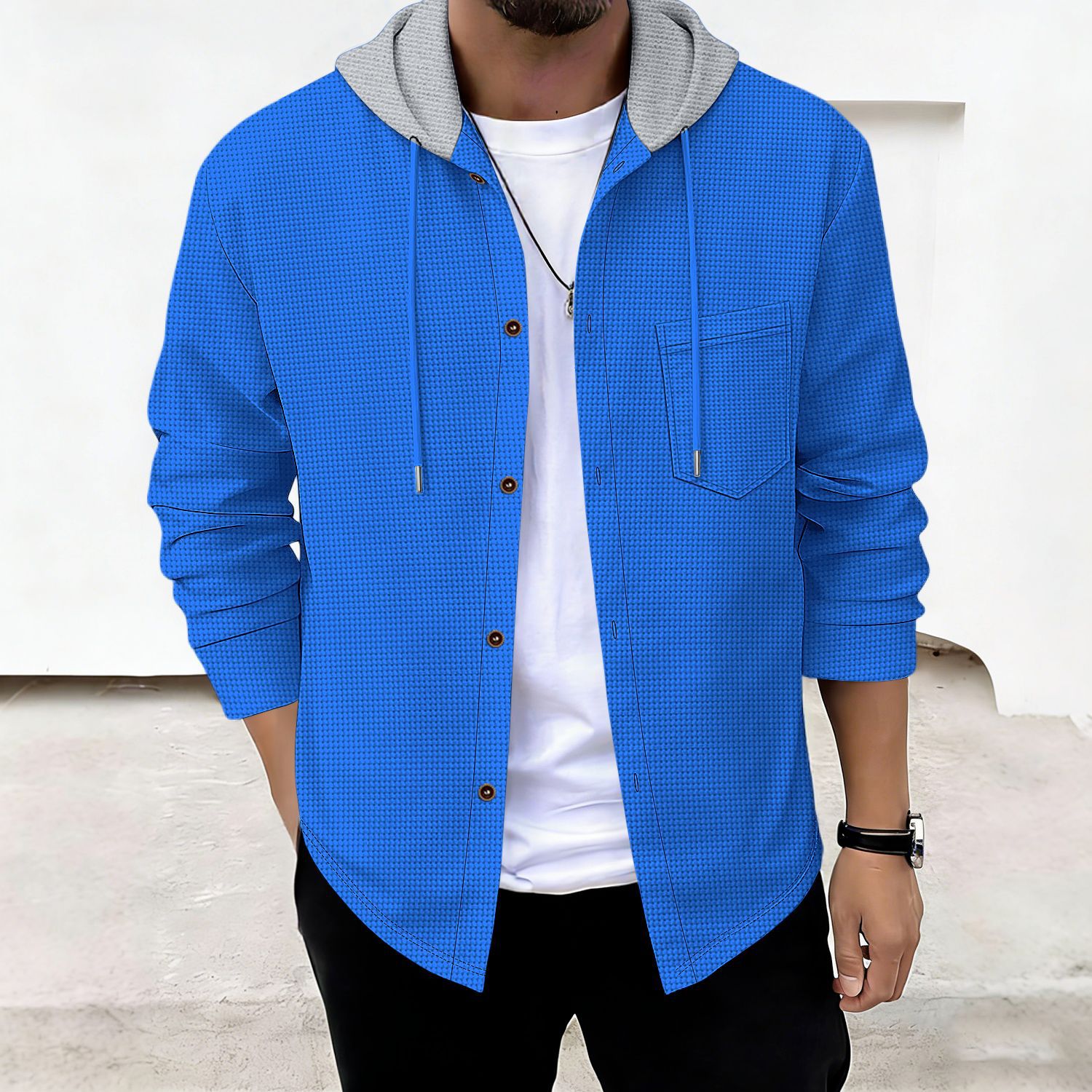 Heren wafelgebreide hoodie met zakken en knopen voor casual look_voghion.com