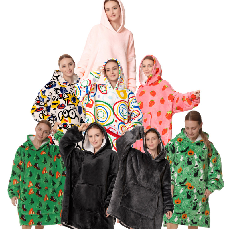 Cross-Border New Strawberry Lazy Suit Pullover Couple Home Clothes Plus Velvet to Prevent Cold and Keep Warm Amazon Same Style Tv Blanket