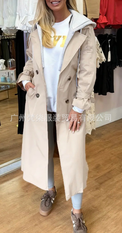 现货欧美2025秋冬亚马逊跨境新款连帽翻领假两件休闲长款风衣外套|undefined
