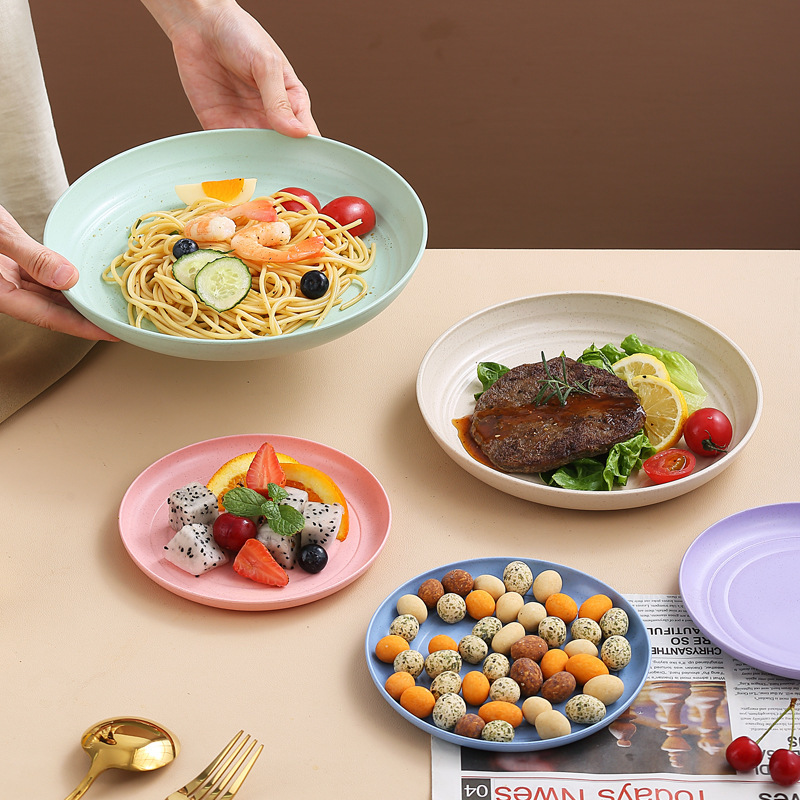 Wheat Straw Round Dish Plate Household Large Dish Plate suit Shatter-resistant Snack Plastic Plate Fruit Plate