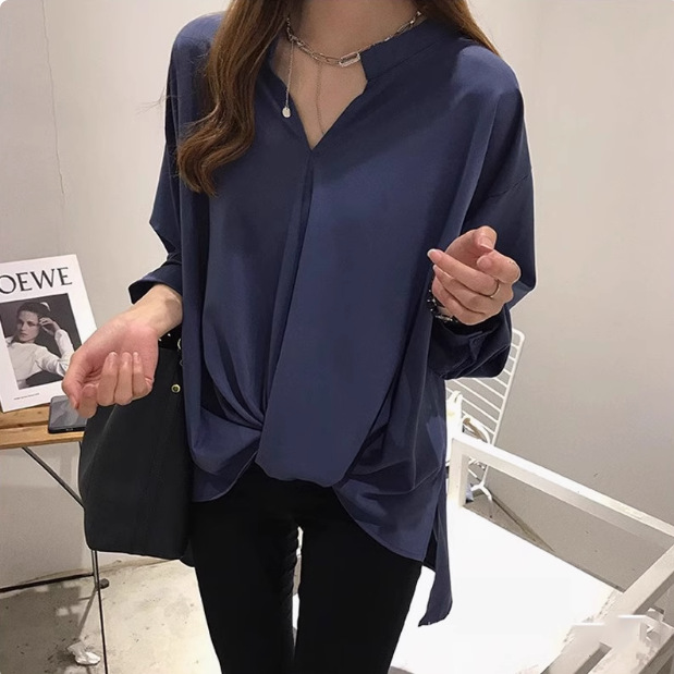 Spring and Autumn Korean Style Women's New Elegant V Neck Chiffon Shirt Women's Long-Sleeved Large Size Loose Top Asymmetrical Shirt