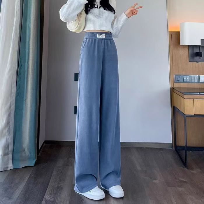 화이트 셔닐 와이드 레그 팬츠 여성의 좁은 스트레이트 팬츠 봄 가을과 겨울 2024 새로운 작은 기모 캐주얼 바지