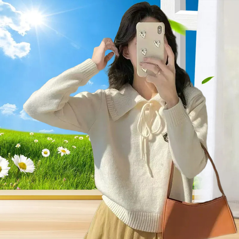 温柔风奶系浅蓝软糯甜美套头宽松设计感小众翻领毛衣女系带针织衫|undefined