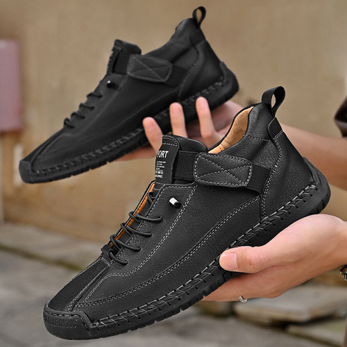 Trendy leather shoes for plus-size men, outdoor workwear with retro stitching, mid-heel, fashionable and casual men's leather shoes