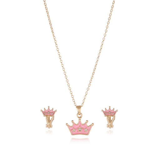 Cross-border new children's necklace and earring two-piece jewelry set cartoon crown pendant alloy drip oil decoration wholesale