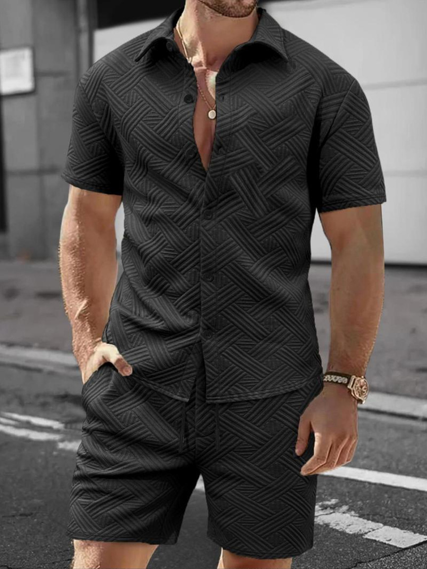 Men's Solid Colour Jacquard Shirt And Shorts Casual Summer Set_voghion.com